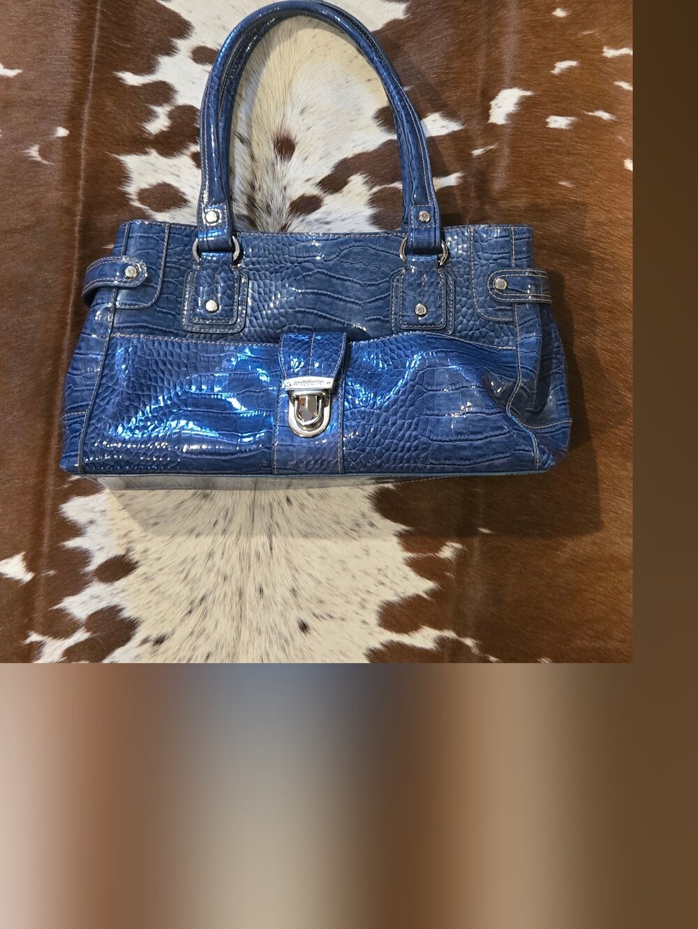 Liz Claiborne Shiny Blue Croc-Embossed Shoulder Bag